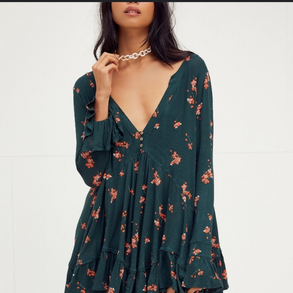 Free People Olivia Printed Tunic Large Green Floral Trapeze Trumpet Sleeves